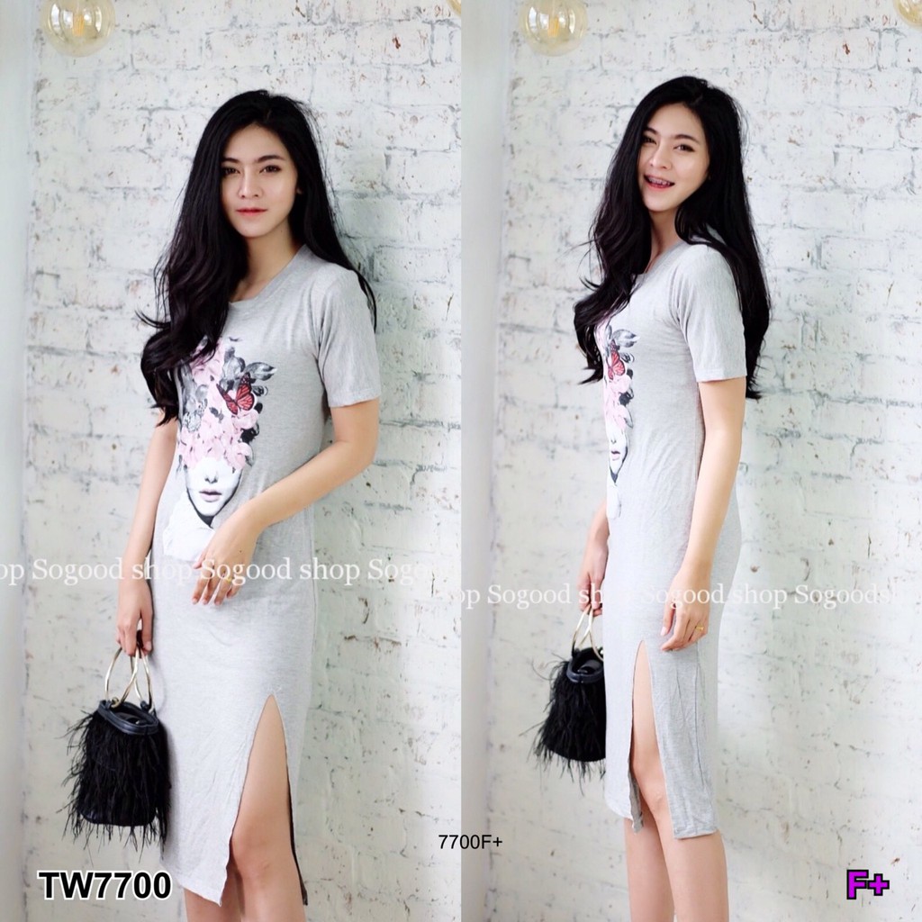at7700-เดรสยาว-5ส่วน-สกรีนผู้หญิงกับผีเสื้อผ้ายืดเรยอนเนื้อดี-ด้านหน้าช่วงกระโปรงผ่ายาว