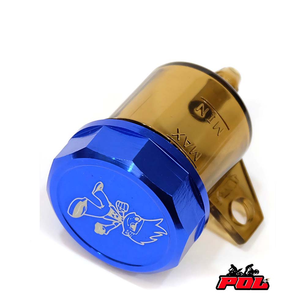 กระปุกน้ำมันเบรค ฝา CNC /กระปุกปั้มลอย (กระปุกขาตรงสีชา+ฝาcnc น้ำเงิน)