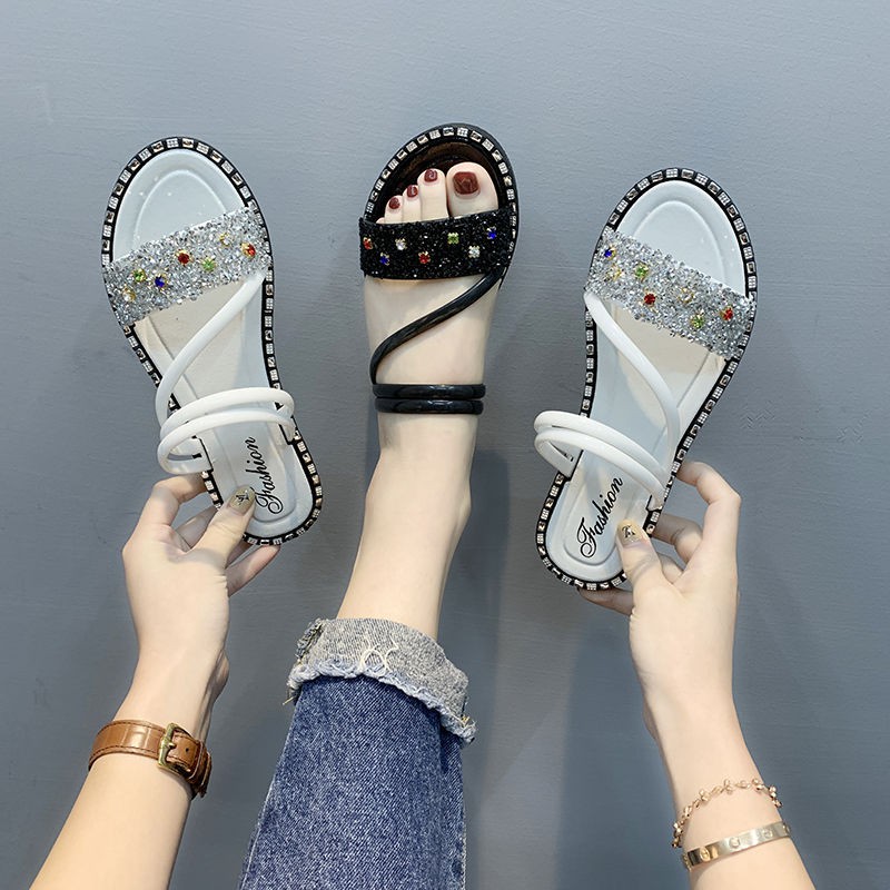 รองเท้าลำลอง-รองเท้าแตะแบบสวมสองข้างออกนอกบ้านใหม่ปี-2020-แฟชั่นฤดูร้อนของผู้หญิงสวมด้านนอก-rhinestone-รองเท้าแตะแบบใช