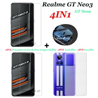 (4 In 1) ฟิล์มกระจกนิรภัยใส ไร้ขอบ 2 ชิ้น ฟิล์มด้านหลัง 1 ชิ้น ฟิล์มป้องกันกล้อง 1 ชิ้น สําหรับ Realme GT Neo3 Neo 2 Neo2T 2 Pro GT Master Edition