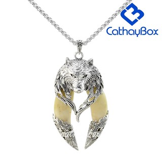 Mens Trendy Double Wolf Tooth Pendant Tribal Design Cream Necklace 24" Chain CB03B017