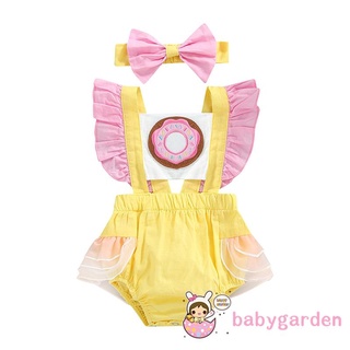 Babygarden-0-24months ชุดจั๊มสูทรอมเปอร์ แขนแต่งระบาย พิมพ์ลายกราฟฟิคโดนัท สีตัดกัน พร้อมที่คาดผม ประดับโบว์ แฟชั่นฤดูร้อน สําหรับเด็กผู้หญิง