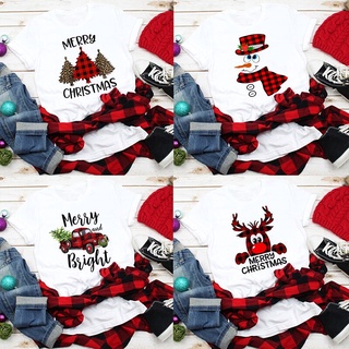 ⚡️ พร้อมส่ง⚡️ Deer Tree Truck Snowman Print T Shirt  Women Fashion Christmas Party Tops Short Sleeve T-shirt