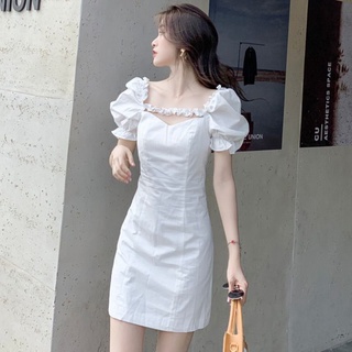 🔥Hot Sale / French Puff Sleeve White Dress Women 2022 New Temperament Slim Skirt High Waist A-line Skirt Short Skirt