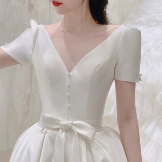 ชุดแต่งงานฝรั่งเศส ใหม่ เจ้าสาว งานแต่งงาน ฮันนีมูน ภาพถ่ายการเดินทาง เดรสยาวสีขาว