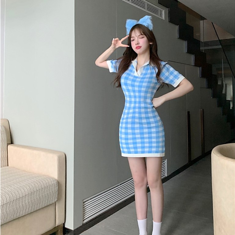 chuuchop-พร้อมส่ง-c6994-rasburry-mini-polo-dress-มินิโปโลเดรสลายสก็อตสีฟ้า