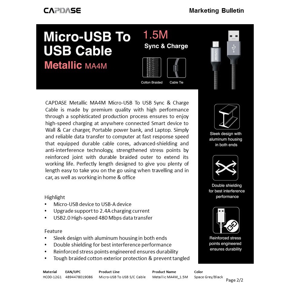 สายชาร์จ-capdase-micro-usb-to-usb-cable-metallic-480mbps-สินค้าพร้อมส่งและเคลมจากไทย-จำหน่ายราคาปลีกและส่ง