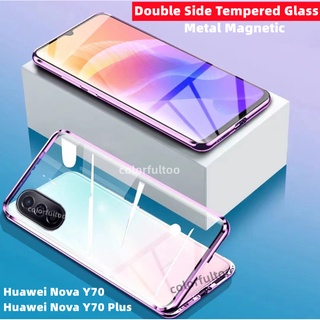 เคสโทรศัพท์โลหะใส กันกระแทก 360 สําหรับ Huawei Nova Y70 Plus Y70Plus NovaY70° เคสโทรศัพท์กระจกนิรภัย แบบฝาพับ สองด้าน ป้องกันด้านหลัง