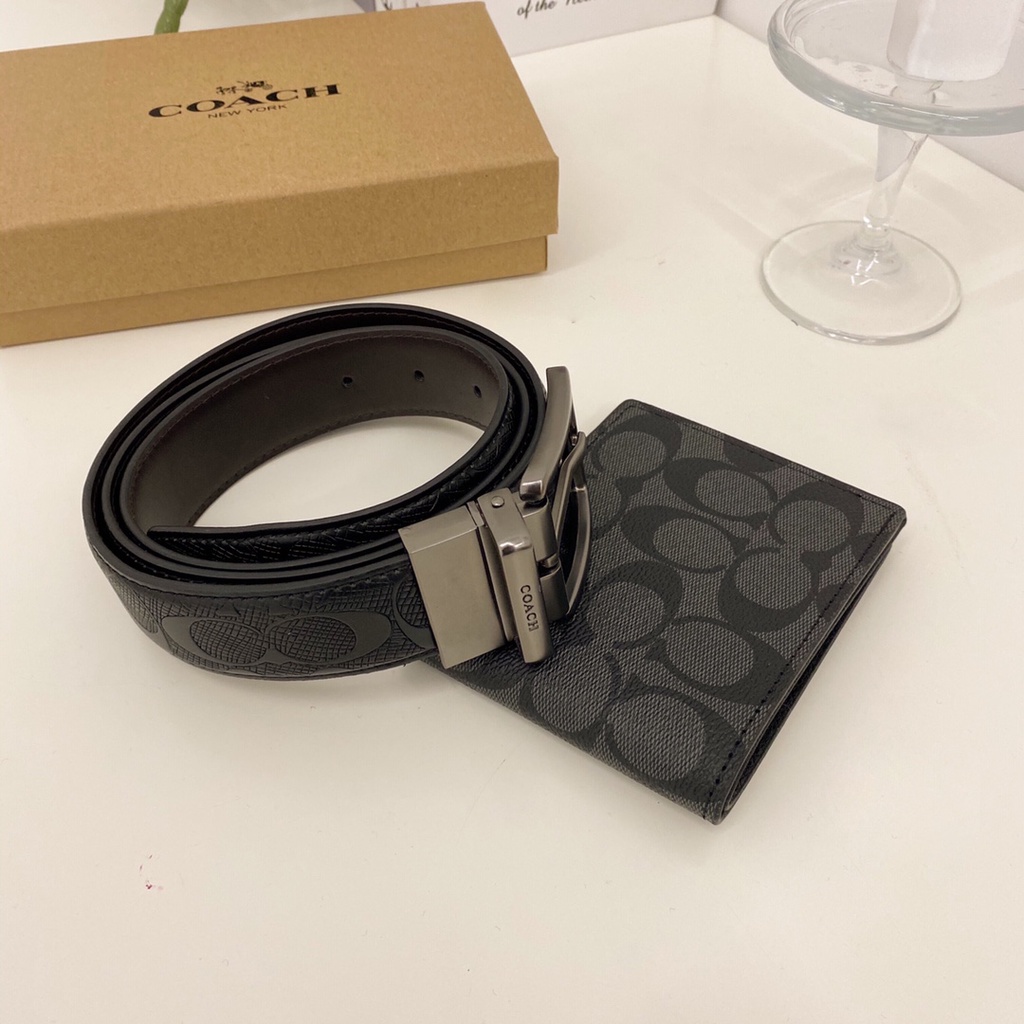 Coach genuine Men's bussiness leather belts doublesided full package