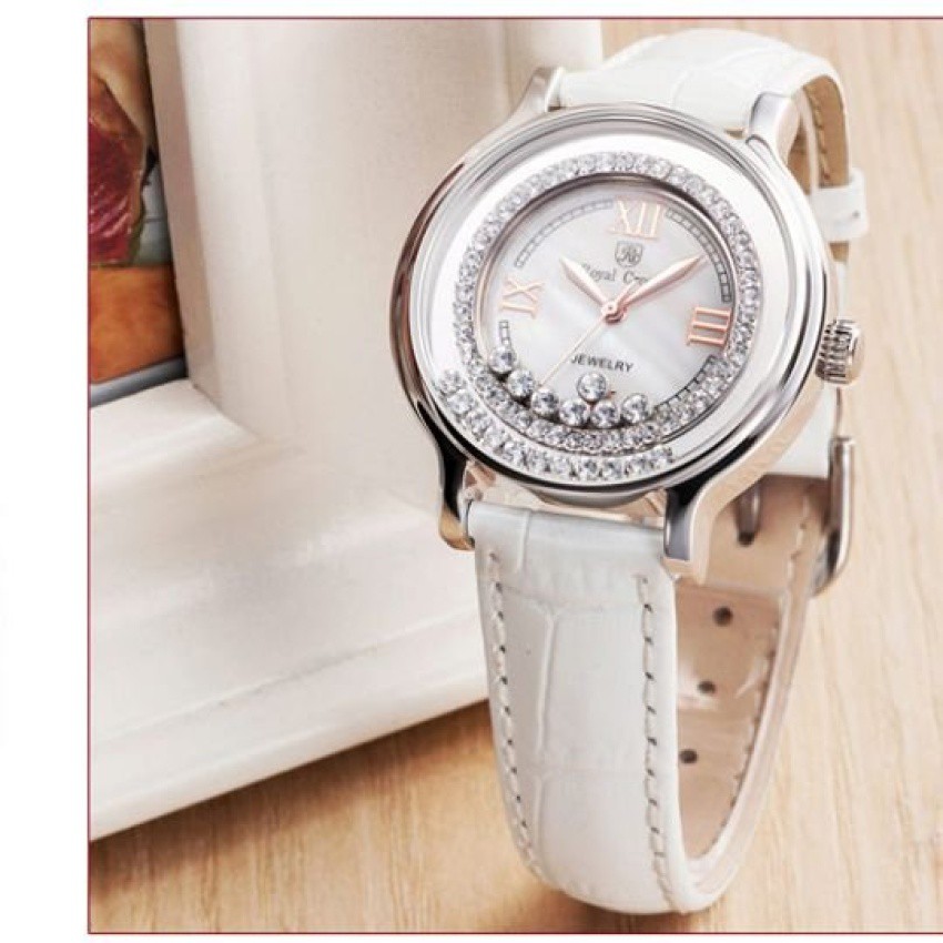 นาฬิกาข้อมือ-royal-crown-3638l-นาฬิกาประดับเพชรสวิสงานจิว-สายหนัง-สีขาวผู้ดีสุดๆ