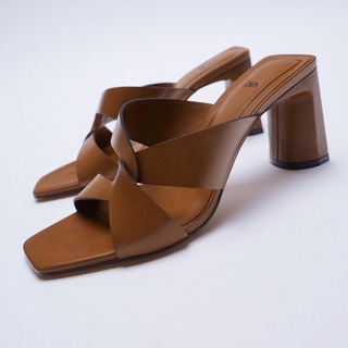 Zara ใหม่ รองเท้าส้นสูง หัวเหลี่ยม เปิดนิ้วเท้า สีน้ําตาล แฟชั่นฤดูร้อน สไตล์เรโทร เรียบง่าย สําหรับผู้หญิง 2022