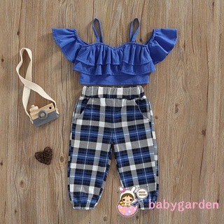 Babygarden- ชุดเสื้อสายเดี่ยว เปิดไหล่ และกางเกงลําลอง ลายสก๊อต แฟชั่นฤดูร้อน สําหรับเด็กผู้หญิง 1-6 ปี