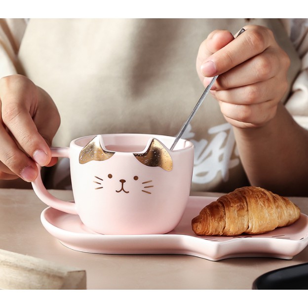 ถ้วยกาแฟเซรามิกแมวและจานน่ารัก-creative-cat