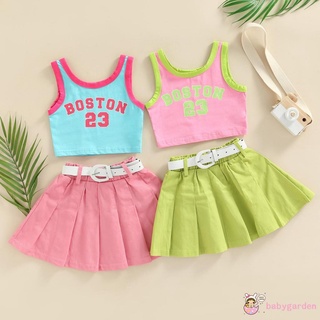 BABYGARDEN-1-6years Baby Girls Outfits, Letter Print Sleeveless Tank Tops + Solid Color Pleated Skirts + Waist Belt Summer Set