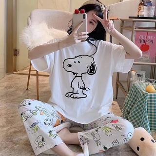ชุดนอนเสื้อแขนสั้น กางเกงขายาว ลายการ์ตูน ลายสก๊อต สองชิ้น เหมาะกับฤดูร้อน สําหรับสตรี