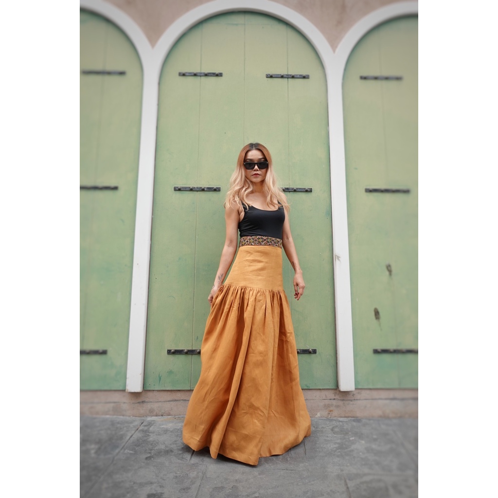 maxi-skirt-ผ้าลินิน-แต่งขอบด้วยปักชาวเขา