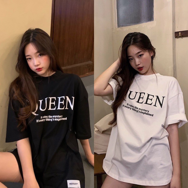 เดรสคอกลมแขนสั้นพิมพ์ลายsweet-เสื้อยืด-queen-สไตล์เกาหลีน่ารัก-โอเวอร์ไซส์เสื้อยืดผ้านิ่ม-แขนสั้น-เนื้อผ้าดีโปร่งสบาย-รุ