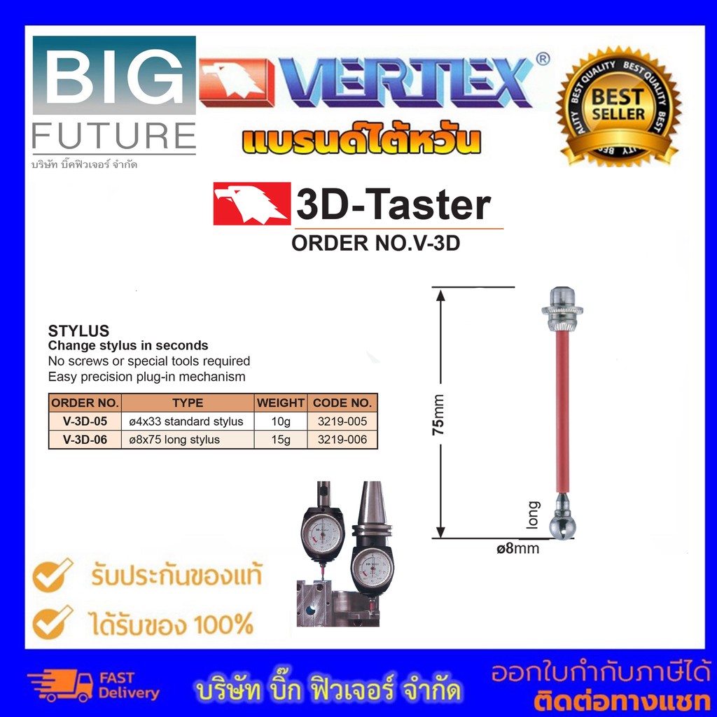 stylus-for-3d-tester-เข็มสำหรับอุปกรณ์วัดชิ้นงานความละเอียดสูง-bigfuture-ยี่ห้อ-vertex