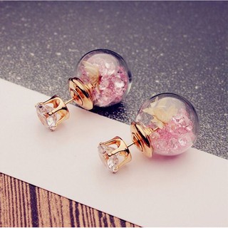 ต่างหู ต่างหูแฟชั่น ต่างหูคริสตัล ต่างหูแก้ว สีชมพู ต่างหูสตั๊ด stud earrings ต่างหูเจาะ ต่างหูแป้น