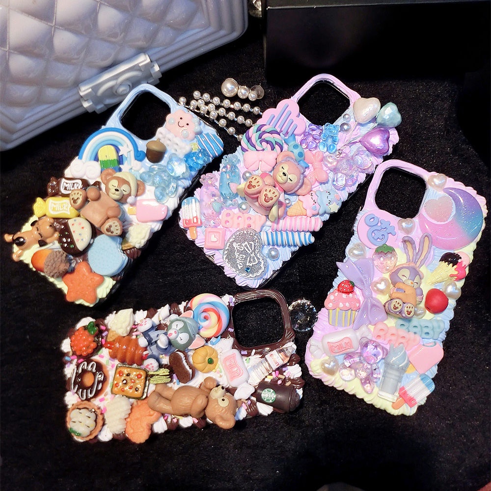 เคสโทรศัพท์การ์ตูนหมีdiyกรณีโทรศัพท์มือถือครีมกาววัสดุกระเป๋าแฮนด์เมดทำเองชุดเครื่องประดับเรซิน