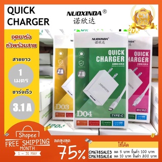 หัวชาร์จพร้อมสายชาร์จ ชุดหัว+สายชาร์จ 3.1 A Nuoxinda ความยาวสาย 1 เมตร สำหรับไอโฟน ไมโครยูเอสบี และไทป์ซี