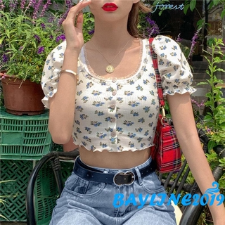 ❀เสื้อครอปท็อป แขนพัฟ พิมพ์ลายดอกไม้ แฟชั่นฤดูร้อน สําหรับสุภาพสตรี