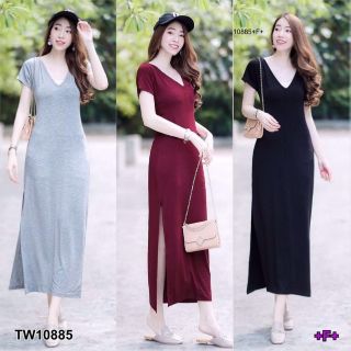 &lt;TW10885&gt;Maxi Dress เดรสยาวคอวีสายไขว้หลัง ชายกระโปรงผ่าข้าง เนื้อผ้าเรยอนผ้ายืด ใส่แบบชิลล์ๆ สบายๆ