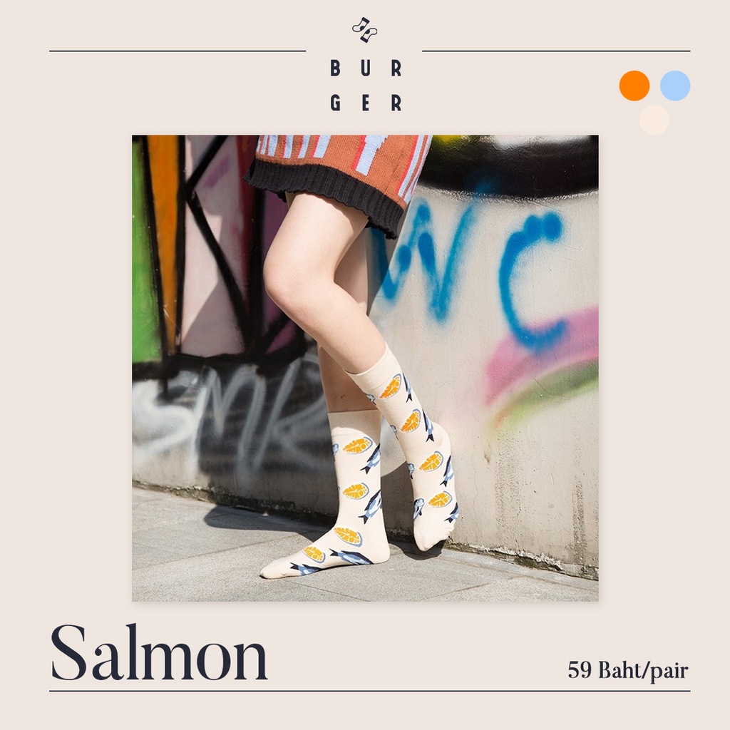 salmon-ถุงเท้าแฟชั่น-ลายแซลมอน-สายคิ้วท์-สายสตรีท-ถุงเท้าครึ่งแข้ง-ราคาถูก-คุณภาพดี