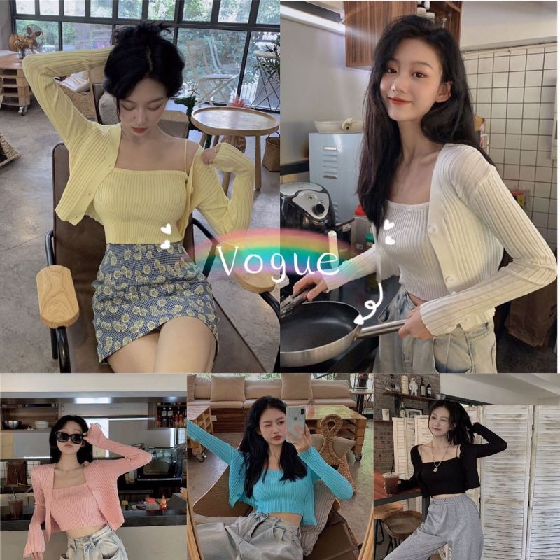 ราคาและรีวิวVogue พร้อมส่ง เสื้อไหมพรม 2 ชิ้น ร่องใหญ่ เสื้อคลุม+สายเดี่ยว อันยองมาก  ( 7195-2 ) -N