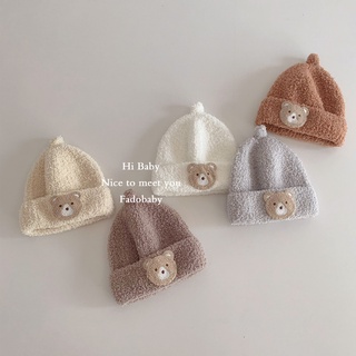 หมวกถัก ผ้ากํามะหยี่ขนนิ่ม ให้ความอบอุ่น ลายหมีน้อย แฟชั่นฤดูใบไม้ร่วง และฤดูหนาว สไตล์เกาหลี สําหรับเด็กทารกอายุ 0-2 ปี
