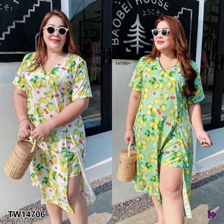 TW14706 Set 2 ชิ้น BigSize เสื้อตัวยาว คอวี แขนสั้น ชายผ่าข้างสูง + กางเกงขาสั้น เนื้อผ้า 100D พิมพ์ลายเลมอน พร้อมส่ง