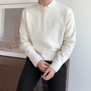 เสื้อไหมพรมผู้ชาย เสื้อไหมพรมคอกลม MUJI : Merino Wool Middle Gauge Crew Neck Sweater #14269558854