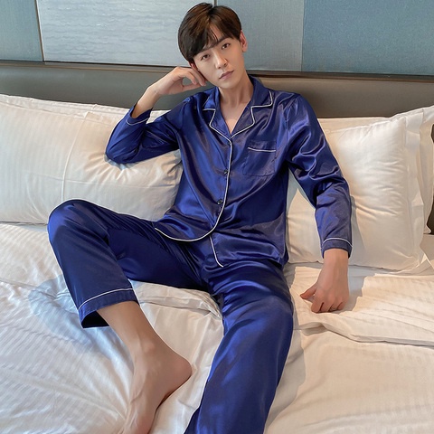 ภาพสินค้าM-4XLราคา ชุดนอนผู้ชายสไตล์เกาหลีสไตล์ ชุดนอนผ้าซาตินเสื้อคาร์ดิแกนกางเกง+เสื้อ จากร้าน dv7_tbqj0x บน Shopee ภาพที่ 5