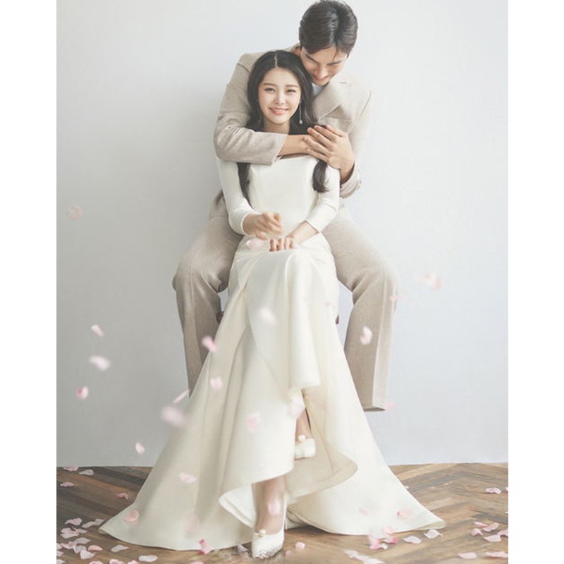 เกาหลีซาตินชุดแต่งงานที่เรียบง่ายแฟชั่นใหม่เจ้าสาวชายหาดสนามหญ้าแต่งงานฮันนีมูนเดินทางภาพชุดสีขาว