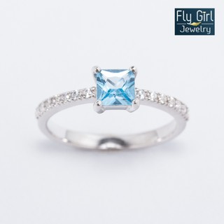 แหวนหญิง ใส่ทำงานสวยมากเรียบหรูดูดีสวมใส่สบาย พลอยแท้เงินแท้มีใบรับประกัน silver ring with Blue Topaz and cubic zirconia