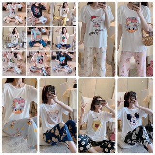 ชุดนอน พร้อมส่ง‼️ชุดนอนผู้หญิง กางเกง 5 ส่วน  เสื้อยืด แขนสั้นคอกลม ลายการ์ตูนน่ารัก