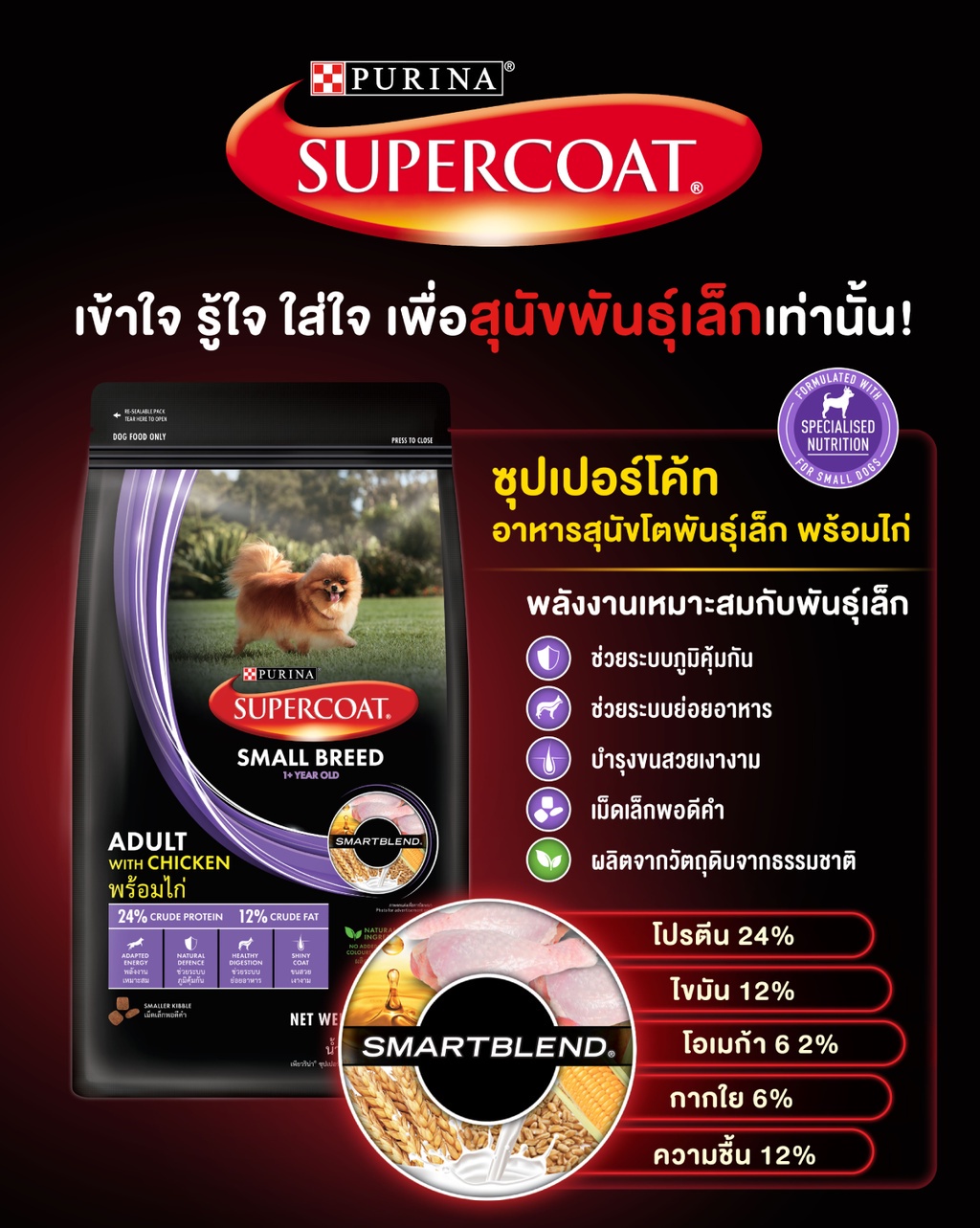 เกี่ยวกับสินค้า SUPERCOAT ซุปเปอร์โค้ท อาหารสุนัข แบบเม็ด สูตรสุนัขโต รสเนื้อวัว ถุง 10 กก.