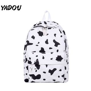 YADOU ลายวัวกระเป๋าเป้ผ้าใบน่ารักจุดสีตัดกันกระเป๋านักเรียน