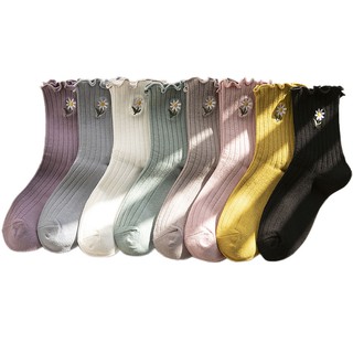 สินค้า KAFU D202 ถุงเท้าลูกไม้ปักลายน่ารักแฟชั่นกีฬาลำลองถุงเท้าผ้าฝ้ายสไตล์เกาหลีถุงเท้าข้อกลาง
