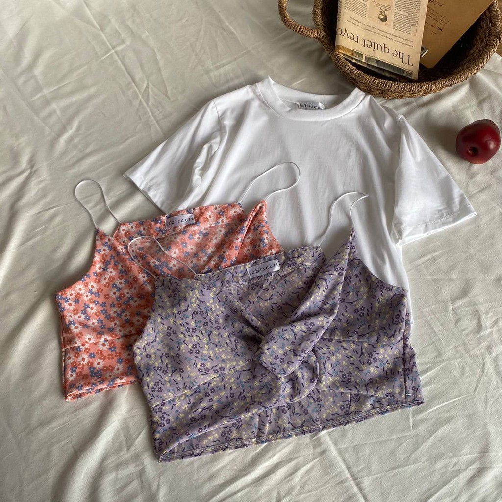 เซ็ทเสื้อยืดคอกลม-สายเดี่ยวแต่งทวิสลายดอกไม้