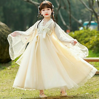 ชุดฮั่นฝูเด็ก Super Fairy สีขาวครีม แต่งดอกไม้ ชุดเดรส ชุดจีนโบราณ Hanfu ประยุกต์ ชุดเด็ก ชุดกระโปรง ชุดเด็กผู้หญิง