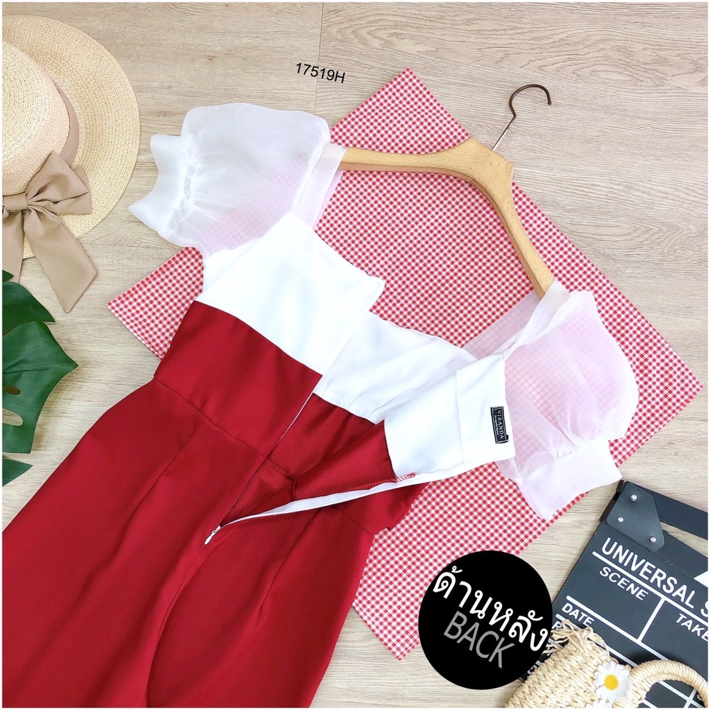 tw17519-jumpsuit-จั๊มสูทขายาว-อกจับจีบย่นซ้อนผ้าออแกนดี้อย่างดี-ทรงคอเหลี่ยม-แต่งเเหล็กคาดที่เอว