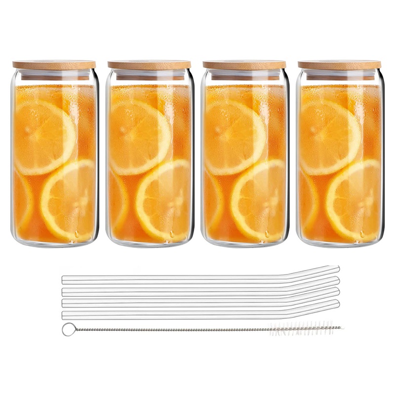 Beer Can Glass With Bamboo Lids And Glass Straws,4 Pack 16Oz Drinking ...
