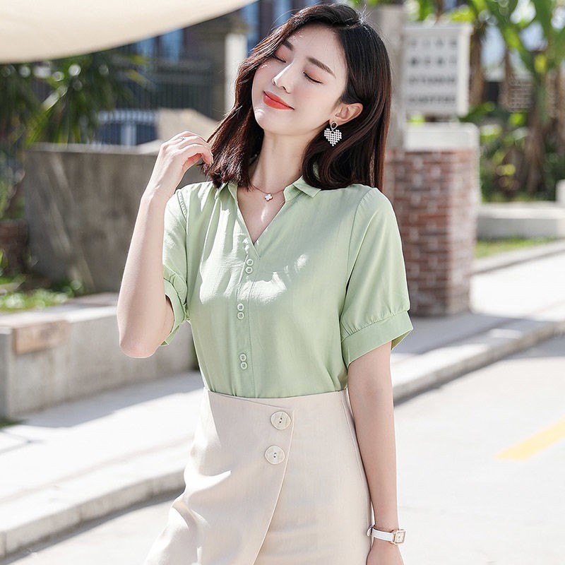 aiouwei-เสื้อชีฟองผู้หญิงเกาหลี-professional-สวมใส่เสื้อฤดูร้อนใหม่คอวีแขนสั้นเสื้อเชิ้ตสีขาวผู้หญิง