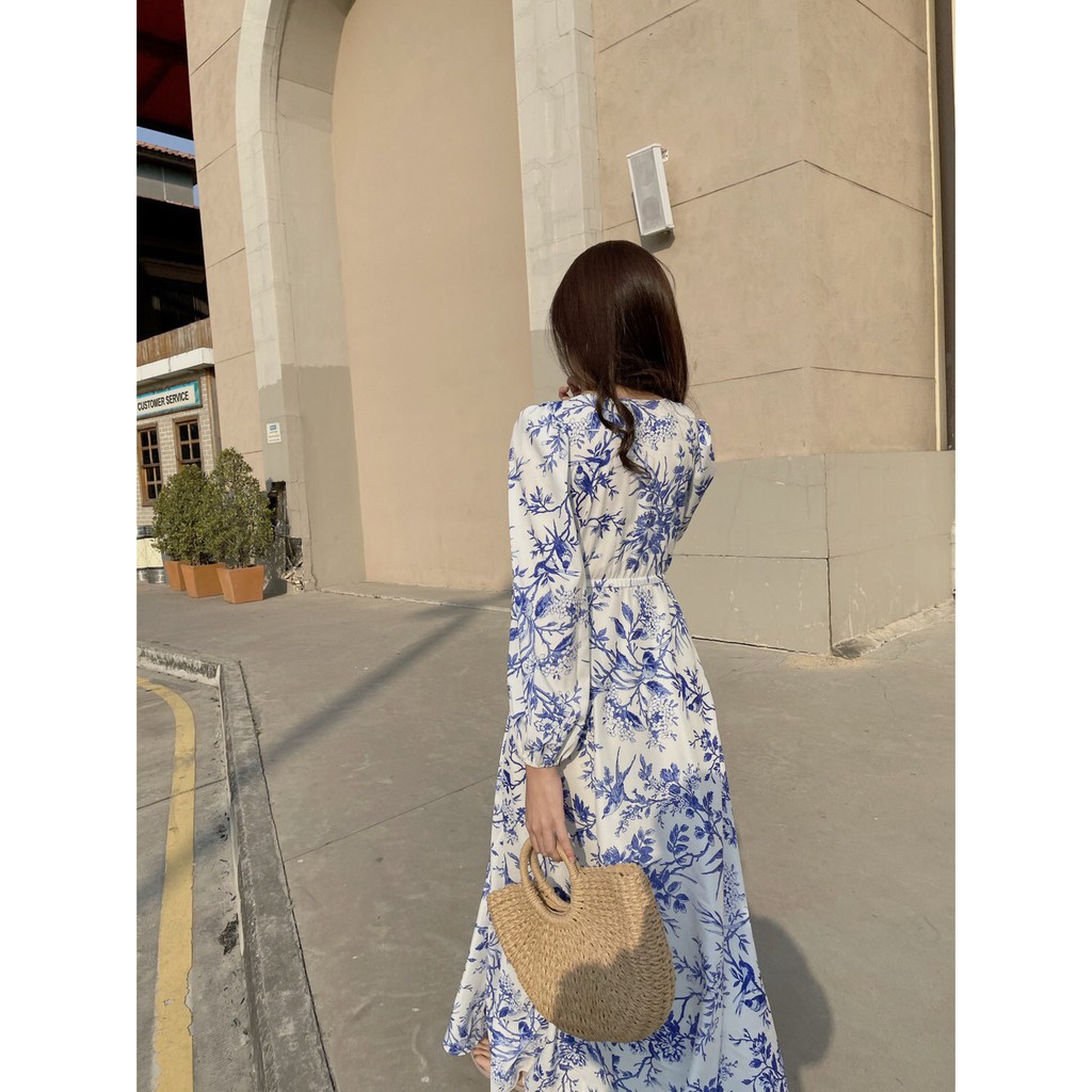 al1001-แมกซี่เดรสยาวแขนยาวคอวี-เอวรูดปรับสัดส่วนของเอวได้เอง-กระโปรงย่นรอบตัว