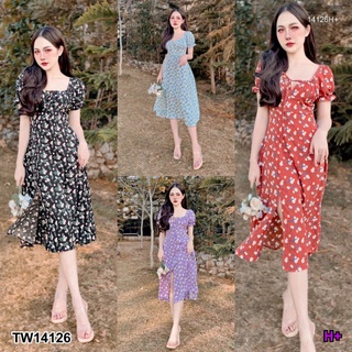 B14126 แม็กซีเดรสผ้าไหมเกาหลีลายดอกไม้ Korean floral silk maxi dress