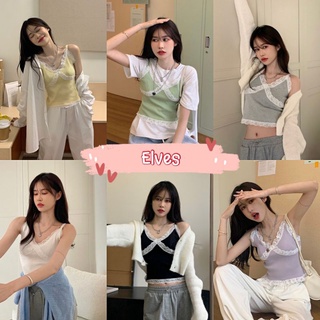 Elves✨พร้อมส่ง✨ เสื้อสายเดี่ยวไหมพรม ขอบลูกไม้สุดเซ็กซี่ ~ 1635 ~