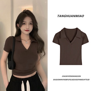 เสื้อโปโลแขนสั้นเสื้อยืดผู้หญิงฤดูร้อนสั้น INS สลิมเสื้อคอวี