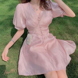 (ใช้โค้ด INC2SFA ลด 100.- ขั้นต่ำ 300.-) BTD42 - Pink v-neck mini dress เดรสสั้นคอวีสีชมพู