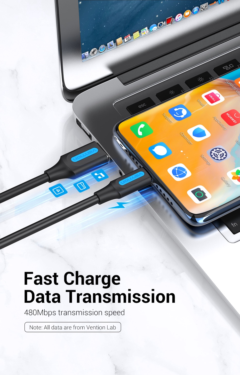 ภาพประกอบของ Vention สายชาร์จ Type C USB C สายข้อมูล ใช้ได้กับอินเตอร์เฟส Type C ส่วนใหญ่ สำหรับคอมพิวเตอร์ โทรศัพท์